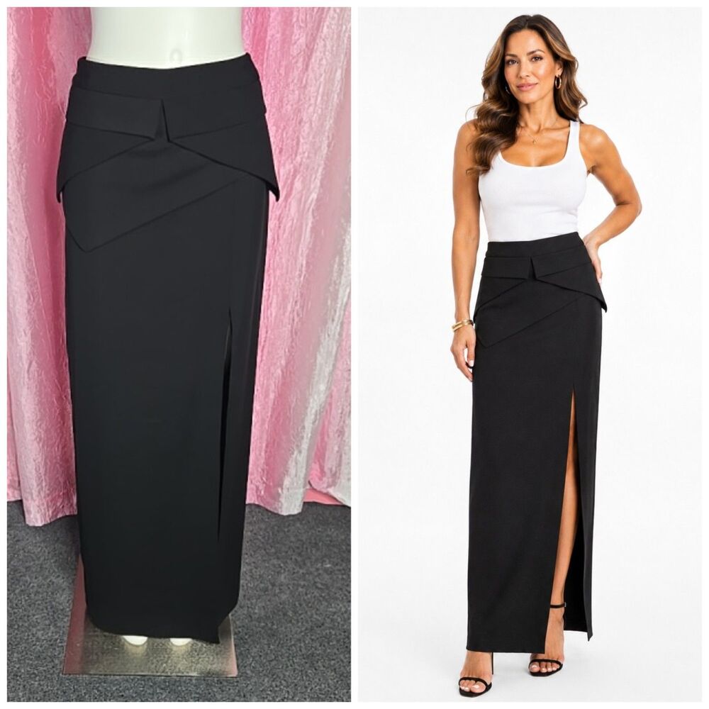 BCBG Max Azaria Black The Beverly Peplum Hostess High Slit Maxi Skirt Size 6